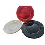(18) Plastic Chargers Red, Silver, Black