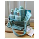 Sea Green Tote bag with hair care products