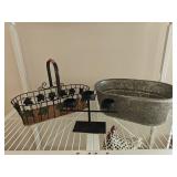Metal tub, ivy basket, candle holder