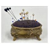 Brass Footed Pin Cushion with Assorted Sewing and