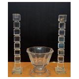 (2) 12" Glass Candlestick Holders & Candy Dish