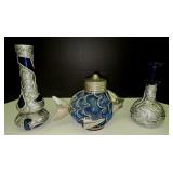 Blue Glass Fish Oil Lamp & (2) Blue Vases
