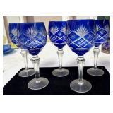 Set of 5 Cobalt Blue Cut to Clear Crystal Wine