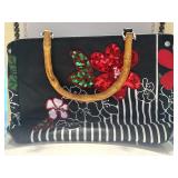 Cotton Handbag with a Red Floral Sequin Design