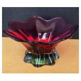 Ruby Red and Green Art Glass Pedestal Bowl
