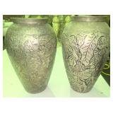 (2) Vintage Etched Brass Vases with Intricate