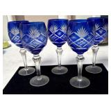 Set of 5 Cobalt Blue Cut to Clear Crystal Wine