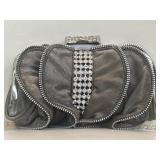 Silver/Gray Satin Evening Clutch Bag with Ruffles