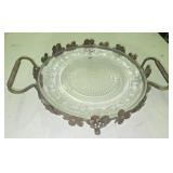 Pressed Glass Servings Tray with Decorative Metal