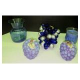 Glass Grape Cluster. (3) Candles & Blue Vase