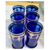 Set of (6) 1950s-60s Cobalt Blue & Gold Crystal