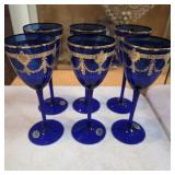 Set of (6) Bohemian Cobalt Blue Crystal Goblets