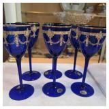 Set of (6) Bohemian Cobalt Blue Crystal Goblets