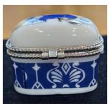 Small ceramic trinket box W/ blue and gold design