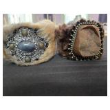 (2) Faux Fur Cuff Bracelets w/Stone Centerpieces