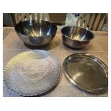 (2) Large Stainless Bowls & (2) Platters & (1)