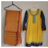Yellow, Green & Blue Long Tunic and Orange Sari