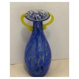 Blue Nouveau Glass Vase Yellow Applied Handles
