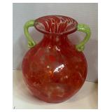 1980s Red & Green Glass Amphora Art Glass Vase 5"