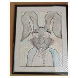 22x29 Framed Ink & Watercolor Rabbit Drawing