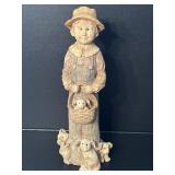 Garden Statue Country Boy With Puppies in Basket