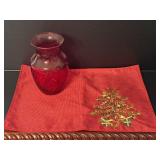 Red Glass Vase & Placemat with an Embroidered