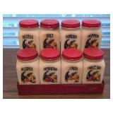 Set of (8) Milk Glass Spice Jars with Red Metal