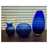 (2) Cobalt Blue Vases & (1) Cobalt Blue Vase