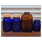 (3) Cobalt Blue Jars & and Old Suff Jar