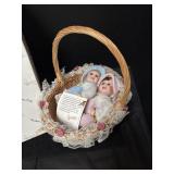 Set of Porcelain Twin Dolls in a Wicker