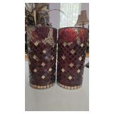 Pair of Cylindrical Red and Gold Mosaic Glass