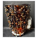 Amber Glass & Black Metal Hanging Candle Holder