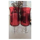 Pair of Ruby Red Glass Hurricane Candle Holders