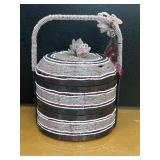 Vintage Beaded Basket Metal Frame Brown White