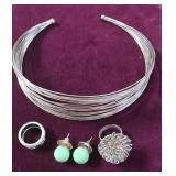 Silver Toned Choker Necklace, (2) Rings &