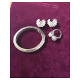 Rhinestone Silver Toned & White Bracelet, Ring &