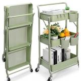 Foldable 3 Tier Rolling Cart, Metal Utility Cart
