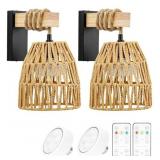 2pc Battery Operated Wall Sconces, Rattan