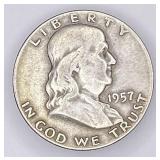 1957D Franklin silver half dollar