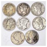 8pc Mercury silver dimes: