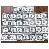 26pc $2 bills, 1976 Series, multiple Reserve,