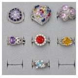 7pc sterling rings with faceted stones,