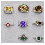 8pc sterling rings with faceted stones,