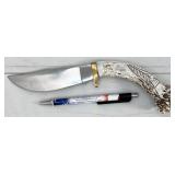 fixed blade knife, horn handle, Buffalo nickel