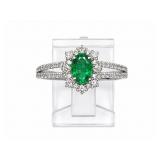 Emerald & Diamond 18kt white gold ring, size 7