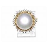 Pearl & Diamond 14kt yellow gold ring, size 7