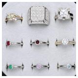 9pc sterling rings with faceted stones,