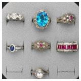 7pc sterling rings with faceted stones,