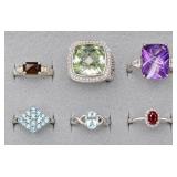 6pc sterling rings with faceted stones,