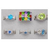 6pc sterling rings with faceted stones,